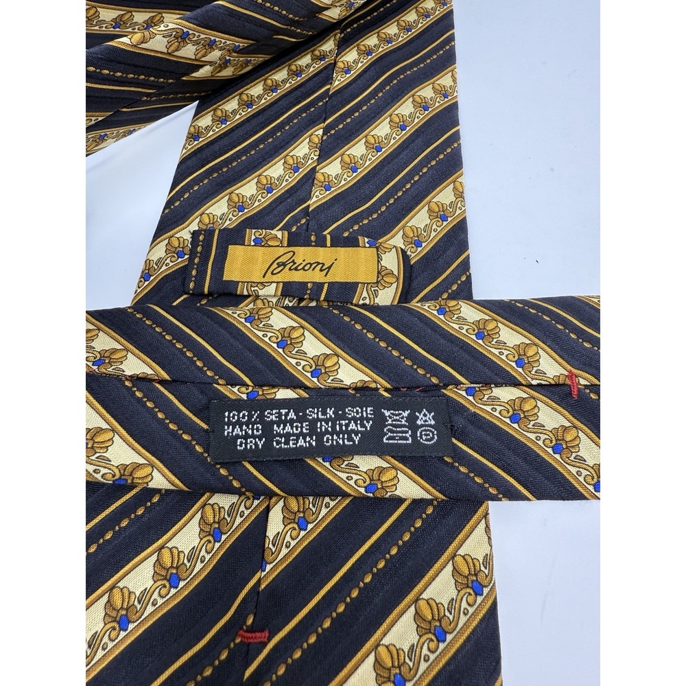 Brioni Luxury Mens Neck Tie Black Navy & Gold Striped W/Cream Blue Accents Italy - Picture 3 of 6